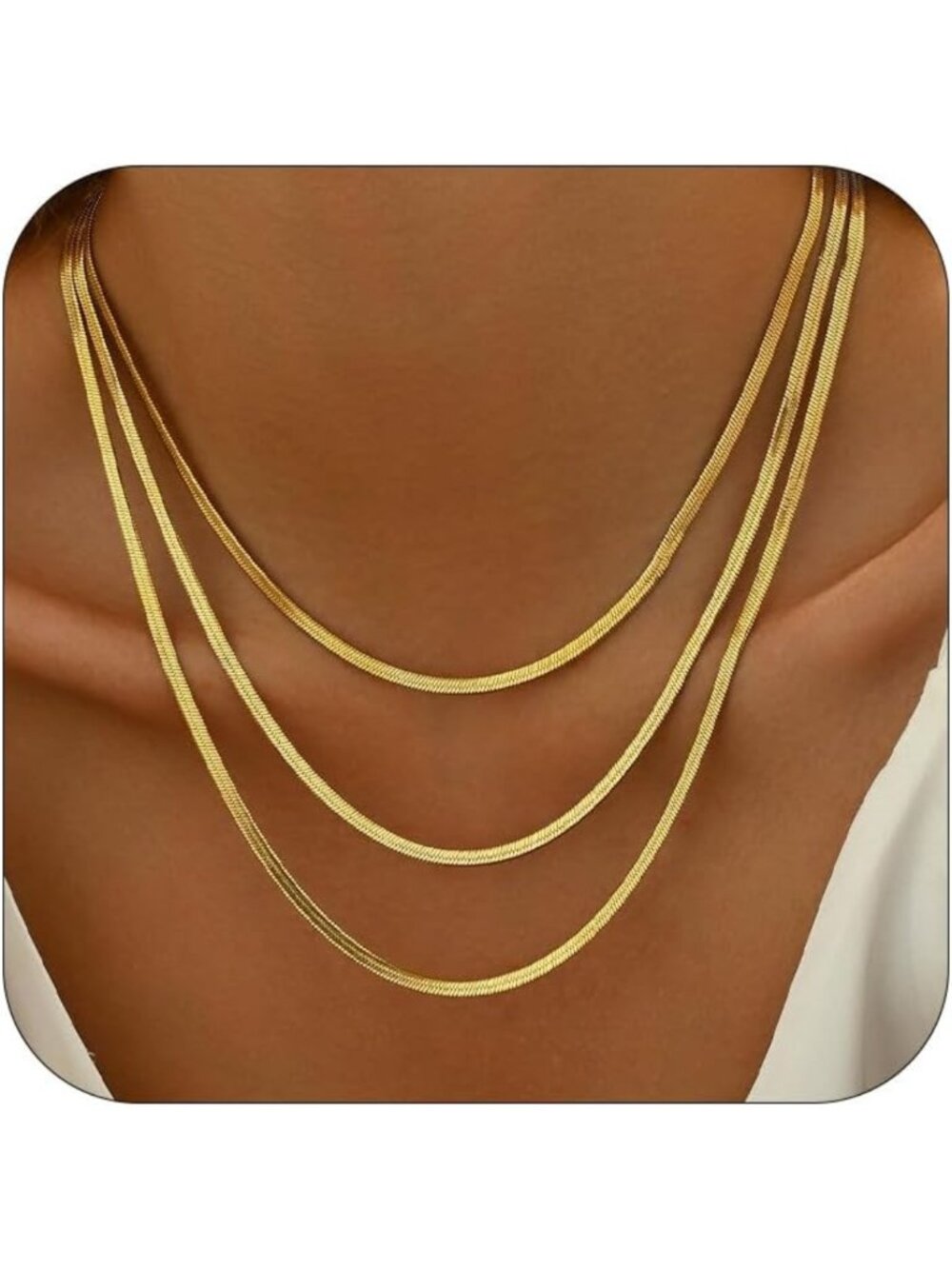 18K Gold Plated Layered Herringbone Necklace for Women - Non-Tarnish, Long Style